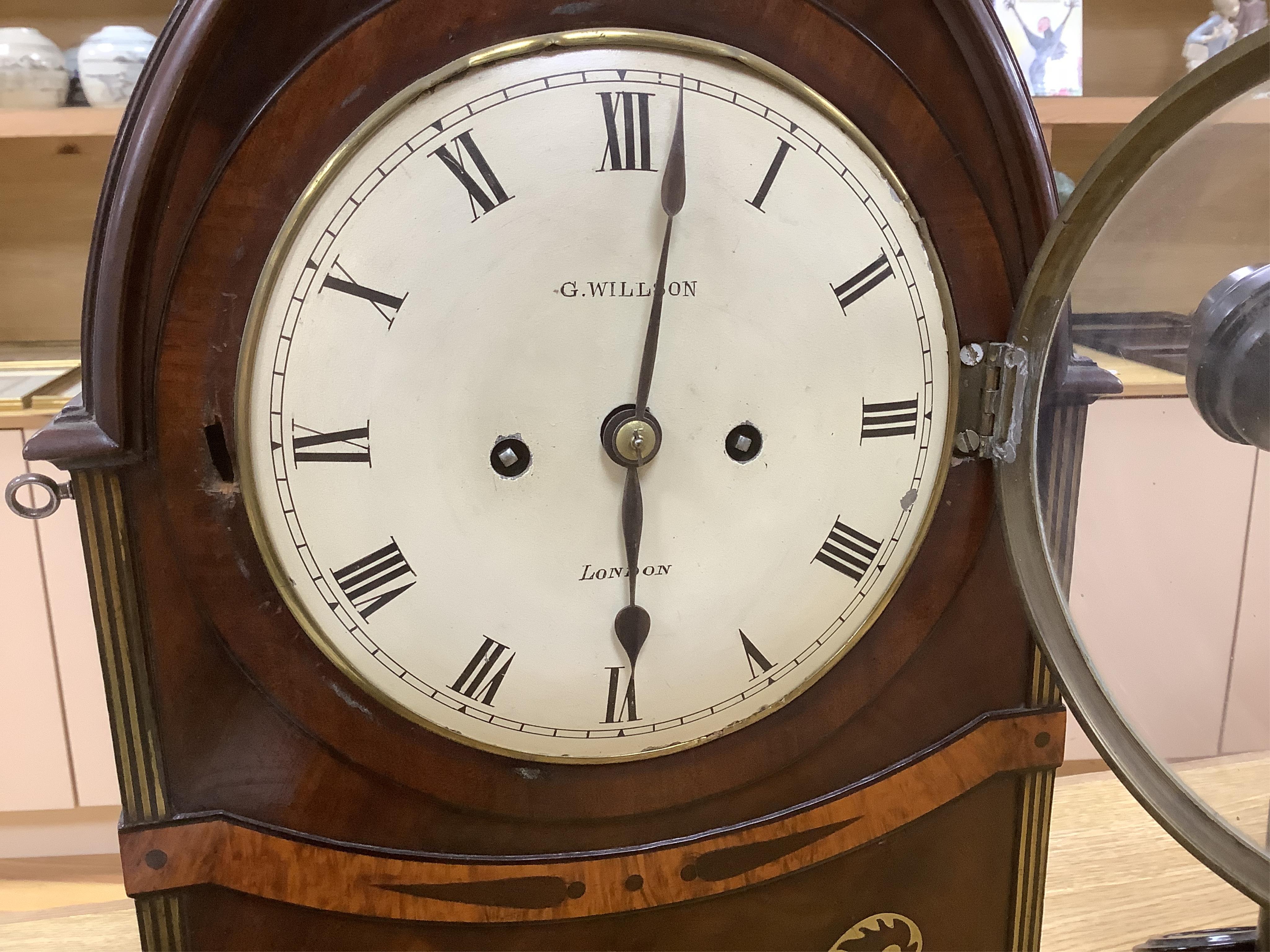 An early 19th century brass inlaid mahogany lancet shaped mantel clock by G. Willson of London, with pendulum and door-key, no winding key, 45cm. Condition - fair to good, not tested as working